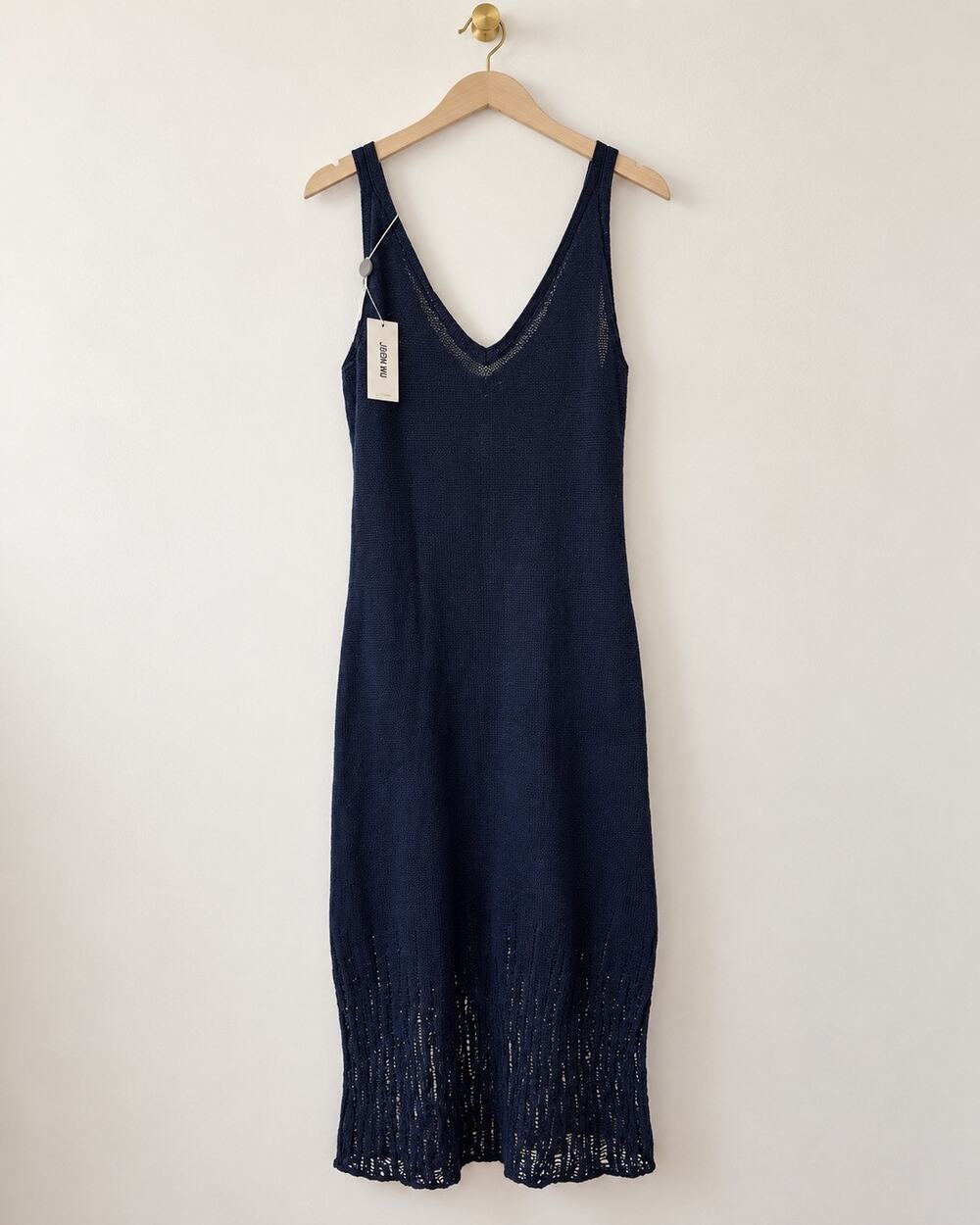 Jason Wu Navy Linen Cotton Blend Knit Midi Dress L Openwork Hem $700 MSRP NWT